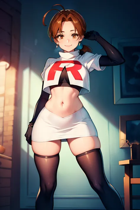 deliaketchum, brown hair, (brown eyes:1.7), parted bangs, (ahoge:1.5), ponytail, low ponytail,glossy lips, light makeup, eye shadow, earrings ,team rocket,team rocket uniform, red letter R, white skirt,white crop top,black thigh-high boots, black elbow glo...