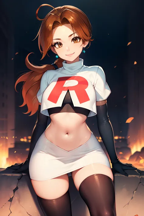 deliaketchum, brown hair, (brown eyes:1.7), parted bangs, (ahoge:1.5), ponytail, low ponytail,glossy lips, light makeup, eye shadow, earrings ,team rocket,team rocket uniform, red letter R, white skirt,white crop top,black thigh-high boots, black elbow glo...
