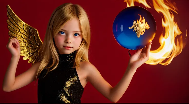 BLONDE KIDS GOLDEN ANGEL GIRL with a flaming crystal ball in her hand. Red background