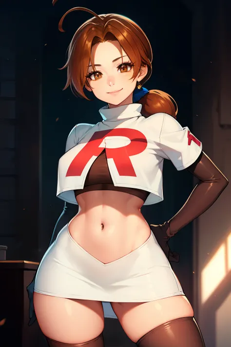 deliaketchum, brown hair, (brown eyes:1.7), parted bangs, (ahoge:1.5), ponytail, low ponytail,glossy lips, light makeup, eye shadow, earrings ,team rocket,team rocket uniform, red letter R, white skirt,white crop top,black thigh-high boots, black elbow glo...