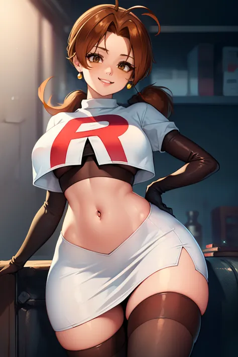 deliaketchum, brown hair, (brown eyes:1.7), parted bangs, (ahoge:1.5), ponytail, low ponytail,glossy lips, light makeup, eye shadow, earrings ,team rocket,team rocket uniform, red letter R, white skirt,white crop top,black thigh-high boots, black elbow glo...