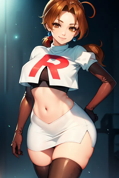 deliaketchum, brown hair, (brown eyes:1.7), parted bangs, (ahoge:1.5), ponytail, low ponytail,glossy lips, light makeup, eye shadow, earrings ,team rocket,team rocket uniform, red letter R, white skirt,white crop top,black thigh-high boots, black elbow glo...