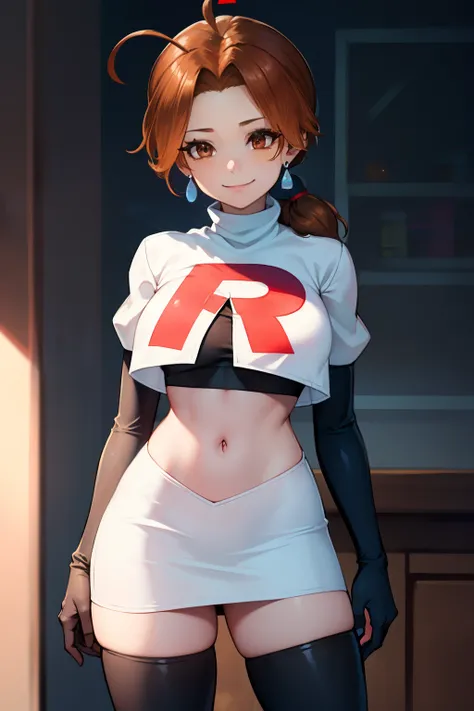 deliaketchum, brown hair, (brown eyes:1.7), parted bangs, (ahoge:1.5), ponytail, low ponytail,glossy lips, light makeup, eye shadow, earrings ,team rocket,team rocket uniform, red letter R, white skirt,white crop top,black thigh-high boots, black elbow glo...