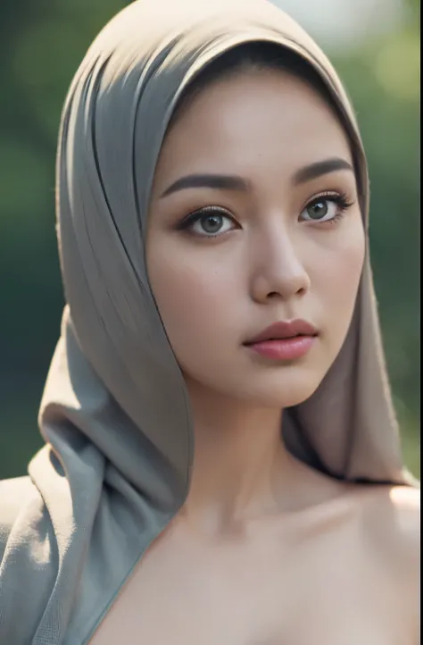 Nude , Porn, (Close-up of the painting style，Ultra HD 8K，Masterpiece grade CG wallpaper)，Cinematic lighting，cute girly，Delicate and beautiful face，Dreamy pupil , round waist,javanese hijabi,Bust poem,Sit，Cloudy background,the trees,florals, magical