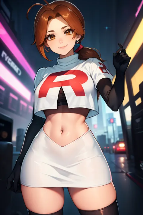 deliaketchum, brown hair, (brown eyes:1.7), parted bangs, (ahoge:1.5), ponytail, low ponytail,glossy lips, light makeup, eye shadow, earrings ,team rocket,team rocket uniform, red letter R, white skirt,white crop top,black thigh-high boots, black elbow glo...