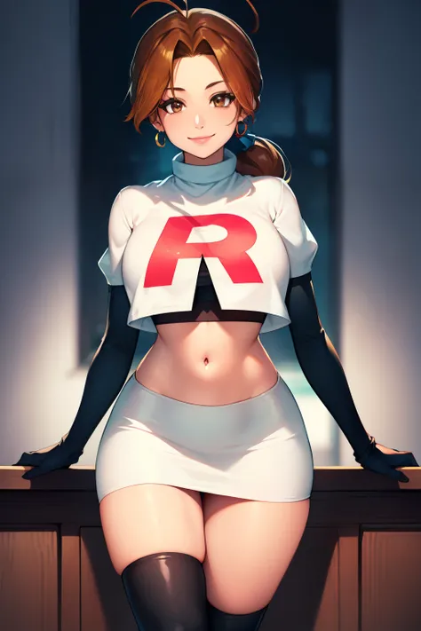 deliaketchum, brown hair, (brown eyes:1.7), parted bangs, (ahoge:1.5), ponytail, low ponytail,glossy lips, light makeup, eye shadow, earrings ,team rocket,team rocket uniform, red letter R, white skirt,white crop top,black thigh-high boots, black elbow glo...