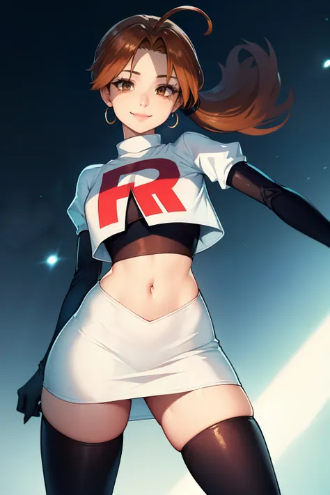 deliaketchum, brown hair, (brown eyes:1.7), parted bangs, (ahoge:1.5), ponytail, low ponytail,glossy lips, light makeup, eye shadow, earrings ,team rocket,team rocket uniform, red letter R, white skirt,white crop top,black thigh-high boots, black elbow glo...