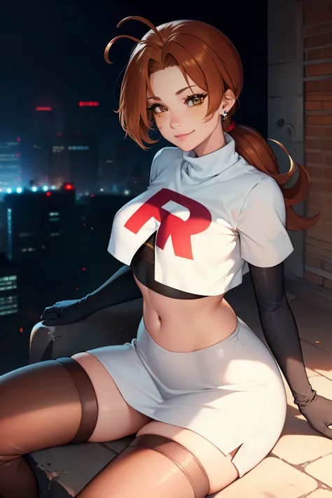 deliaketchum, brown hair, (brown eyes:1.7), parted bangs, (ahoge:1.5), ponytail, low ponytail,glossy lips, light makeup, eye shadow, earrings ,team rocket,team rocket uniform, red letter R, white skirt,white crop top,black thigh-high boots, black elbow glo...