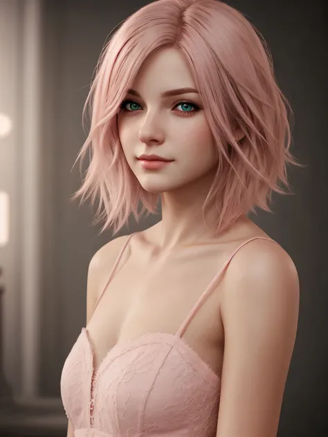 Pfotorealistic, high spec beautiful woman, light pink hair color, short hair, expressive, pink eyes, cute sexy, Final Fantasy style, full body, high image processing, high image quality, high resolution