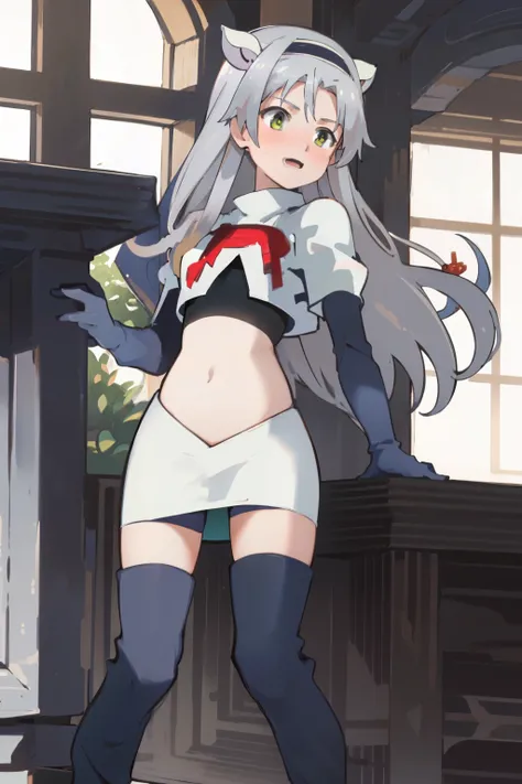 best quality, (masterpiece:1.2), detailed, medieval,
Sistine Fibel,
1girl, solo, open mouth, light smile, blush,
long hair, grey hair, green eyes, blue hairband, animal ears,
team rocket,team rocket uniform,white skirt,crop top,red letter R,black thigh-hig...