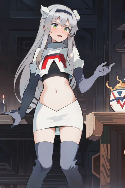 best quality, (masterpiece:1.2), detailed, medieval,
Sistine Fibel,
1girl, solo, open mouth, light smile, blush,
long hair, grey hair, green eyes, blue hairband, animal ears,
team rocket,team rocket uniform,white skirt,crop top,red letter R,black thigh-hig...
