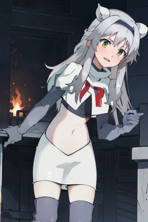 best quality, (masterpiece:1.2), detailed, medieval,
Sistine Fibel,
1girl, solo, open mouth, light smile, blush,
long hair, grey hair, green eyes, blue hairband, animal ears,
team rocket,team rocket uniform,white skirt,crop top,red letter R,black thigh-hig...