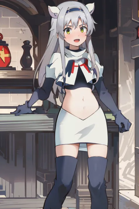 best quality, (masterpiece:1.2), detailed, medieval,
Sistine Fibel,
1girl, solo, open mouth, light smile, blush,
long hair, grey hair, green eyes, blue hairband, animal ears,
team rocket,team rocket uniform,white skirt,crop top,red letter R,black thigh-hig...