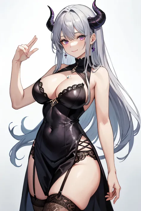 ((Masterpiece)),((High quality)),((High resolution)),((Extremely accurate and detailed representation of the human body)), Cool pose, Big breasts, Not wearing a hat. Slanted eyes, A beautiful woman with long silver hair adorned with devils horns and purple...