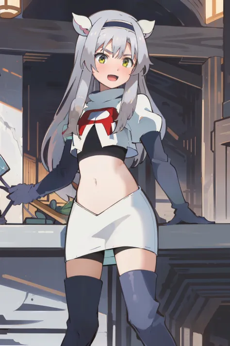 best quality, (masterpiece:1.2), detailed, medieval,
Sistine Fibel,
1girl, solo, open mouth, light smile, blush,
long hair, grey hair, green eyes, blue hairband, animal ears,
team rocket,team rocket uniform,white skirt,crop top,red letter R,black thigh-hig...