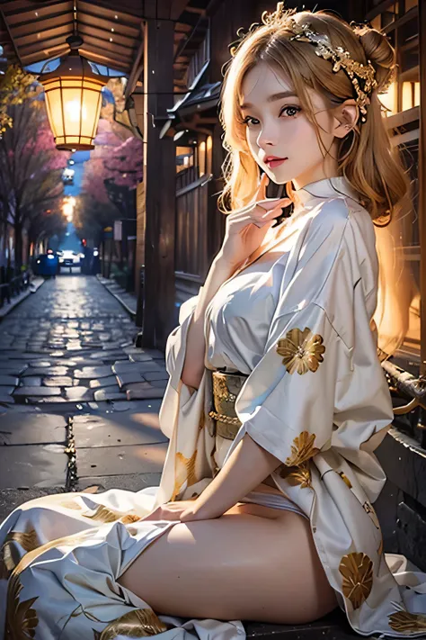 (Photorealsitic:1.3,visualart,depth of fields, top-quality,8K picture quality,​masterpiece:1.3,hight resolution,masutepiece:1.2),femele(23years old, Gold Kimono, Golden underwear, golden bra, Golden panties, Golden choker),(Long hair:1.2,a blond:1.3), Blue...