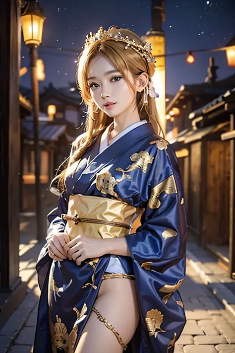 (Photorealsitic:1.3,visualart,depth of fields、top-quality,8K picture quality,​masterpiece:1.3,hight resolution,masutepiece:1.2),femele(23years old, Gold Kimono, Golden underwear, golden bra, Golden panties, a choker),(Long hair:1.2,a blond:1.3), Blue Eye, ...