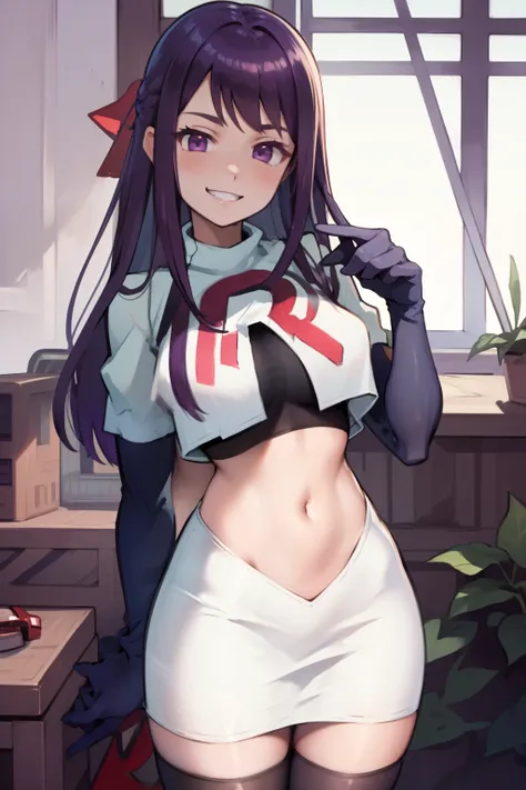 ivy fe purple eyes, purple hair, team rocket uniform, red letter R, white skirt,white crop top,black thigh-high boots,black elbow gloves, smile, show teeth,