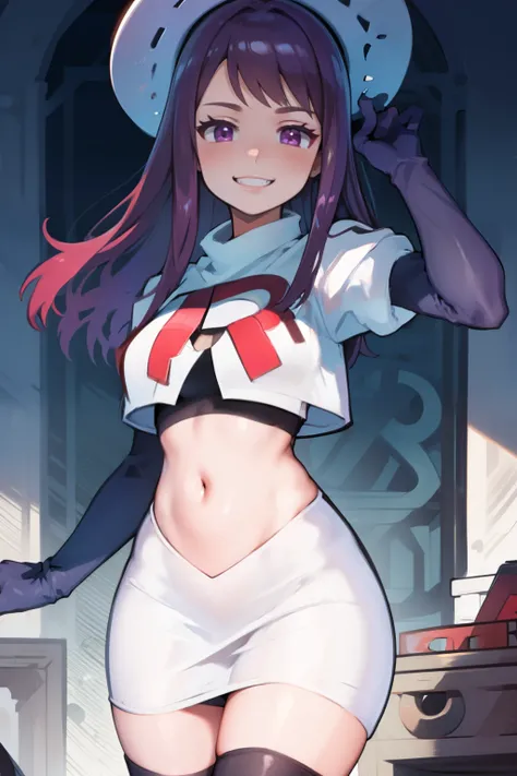 ivy fe purple eyes, purple hair, team rocket uniform, red letter R, white skirt,white crop top,black thigh-high boots,black elbow gloves, smile, show teeth, headwear