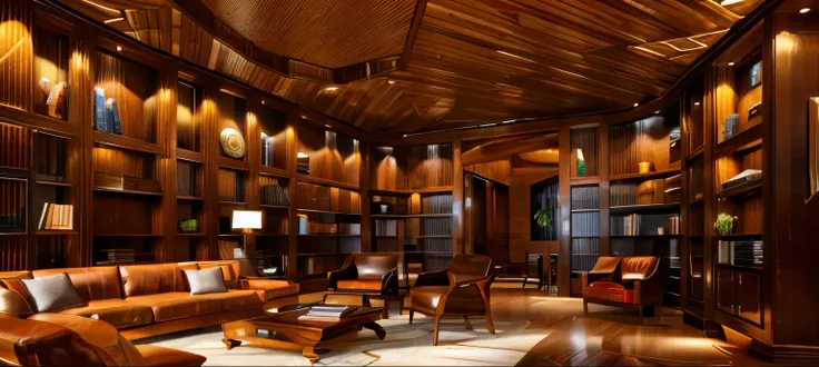 Library, night, reading room, mirrored cabinets, living room, leather sofa, mirrored coffee table, spotlights, indoor decorative plants, standing lamps, wood paneled ceiling, carpeted floor.