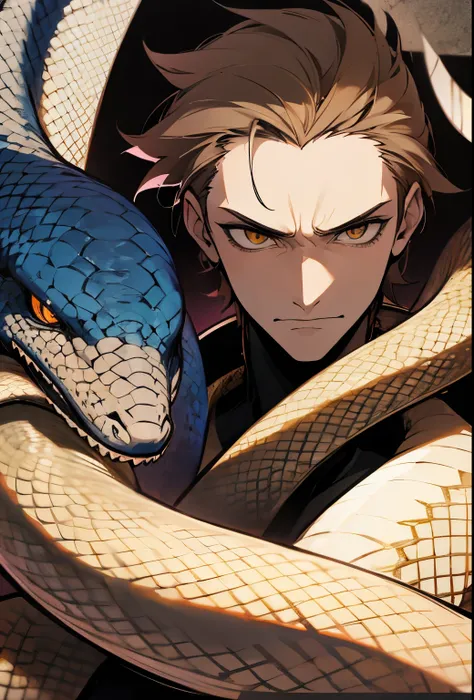 Anime male villain portrait , face hides in shadow , serpent eyes, snake skin, short brown hair, mag grim