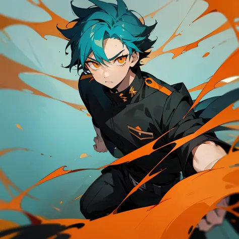 1 boy, turquoise hair, orange eyes, black cloth, handsome, 15 years old kid, wearing uniform, orange eye liner, mad