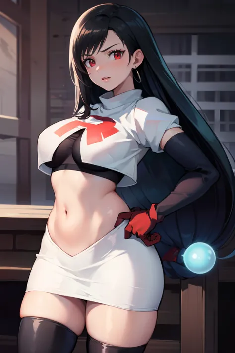 tifa ff7, black hair, long hair, red eyes ,glossy lips, light makeup, eye shadow, earrings ,team rocket,team rocket uniform, red letter R, white skirt,white crop top,black thigh-high boots, black elbow gloves,