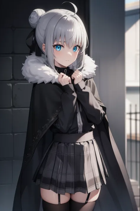fgogray, gray, blue eyes, short hair, grey hair, ahoge, 
BREAK hair bun, hair ribbon, ribbon, black cape, black footwear, black ribbon, black shirt, black thighhighs, cape, grey skirt, hood, long sleeves, miniskirt, plaid, plaid skirt, pleated skirt, ribbo...