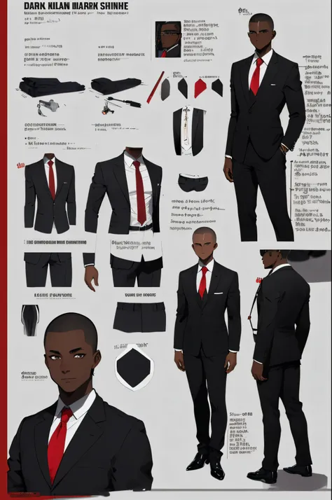 1man, dark skinned, buzz cut, black business suit, red tie, reference sheet, high details, high quality, 4K