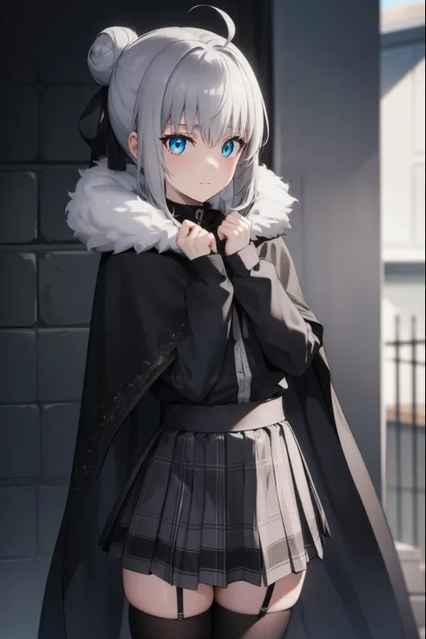 fgogray, gray, blue eyes, short hair, grey hair, ahoge, 
BREAK hair bun, hair ribbon, ribbon, black cape, black footwear, black ribbon, black shirt, black thighhighs, cape, grey skirt, hood, long sleeves, miniskirt, plaid, plaid skirt, pleated skirt, ribbo...