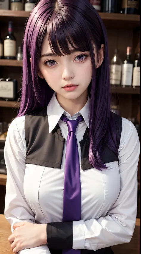 1girl, solo, bangs, blush, hand on own chest, jill stingray, long sleeves, looking at viewer, purple hair, medium breasts, necktie, shirt, solo, upper body, vest,  bartender, vest, white shirt,