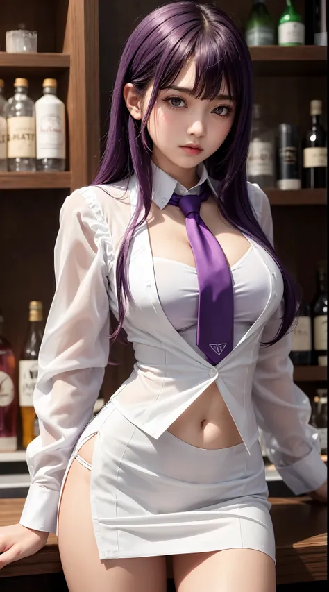 1girl, solo, bangs, blush, hand on own chest, jill stingray, long sleeves, looking at viewer, purple hair, medium breasts, necktie, transparent shirt, solo, upper body, vest,  bartender, vest, white shirt, full body shot, skimpy clothes, wet body