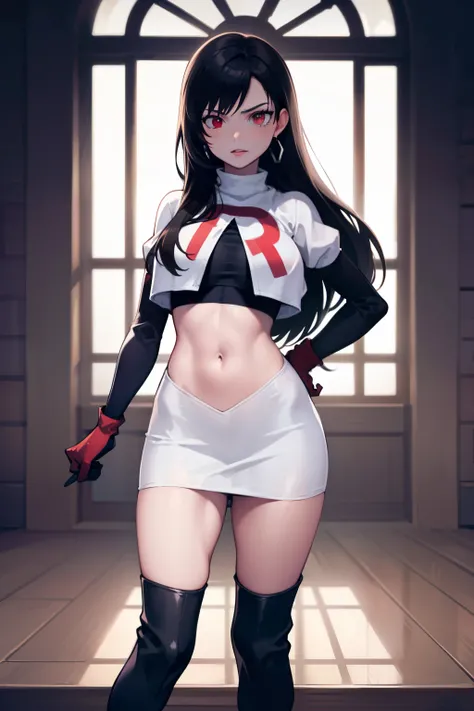 tifa ff7, black hair, long hair, red eyes ,glossy lips, light makeup, eye shadow, earrings ,team rocket,team rocket uniform, red letter R, white skirt,white crop top,black thigh-high boots, black elbow gloves,