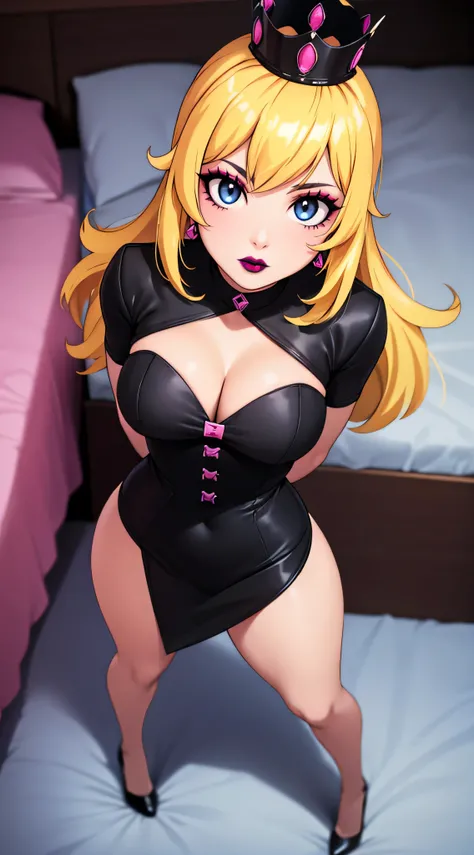 ((high detailed, best quality, 4k, masterpiece, hd:1.3)), (Hotel Bedroom), Princess Daisy laying on hotel bed, BREAK neon blue eyes, seductive, attractive, sexy smile, smiling, smooth anime cg art, 36C breasts, long legs, vivid colors, detailed digital art...