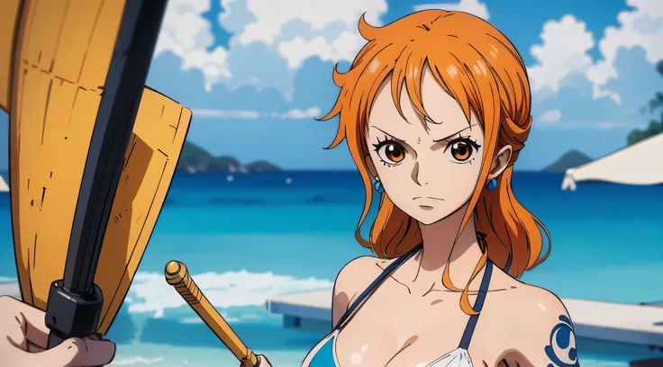 An Arafe woman wearing a bikini top and super miniskirt and holding a sword, nami one piece, uma obra-prima , Retrato bonito de Nami, nami from one piece,Nami em super minissaia, arte de anime digital detalhada, Cute Exirobat showing white pants, ArtGerm m...