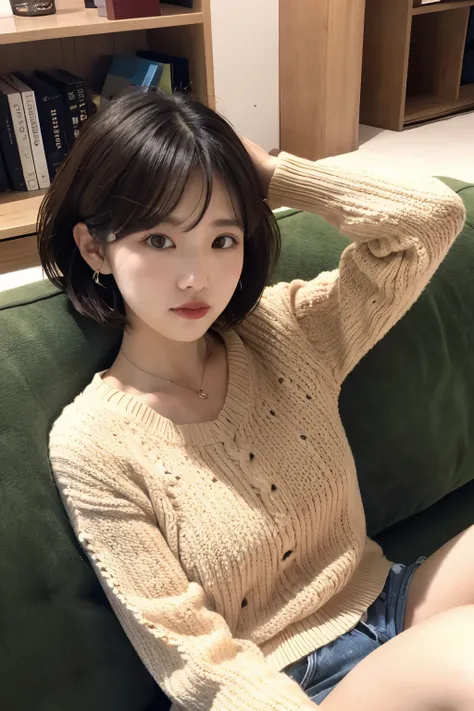 short-hair　knit　sofa selfie