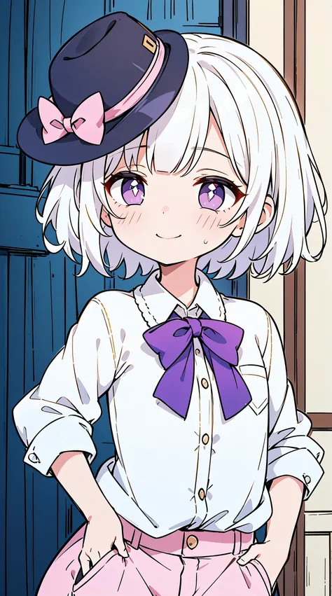 1 girl, Alone,natta,Hands in your pockets,Fedora,white  shirt,white pantie,black leather belt),(((White hair with pink highlights,short detailed hair,Half bangs,Wearing a purple bow on the head))),Perfect big watery eyes, character  design,((Pupils in pink...