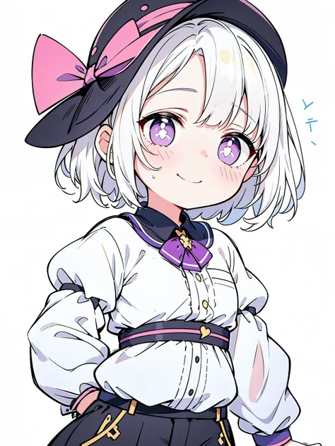 1 girl, Alone,natta,Hands in your pockets,black fedora hat,white  shirt,white pantie,black leather belt),(((White hair with pink highlights,short detailed hair,Half bangs,Wearing a purple bow on the head))),Perfect big watery eyes, character  design,((Pupi...