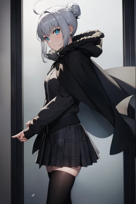 fgogray, gray, blue eyes, short hair, grey hair, ahoge, 
BREAK hair bun, hair ribbon, ribbon, black cape, black footwear, black ribbon, black shirt, black thighhighs, cape, grey skirt, hood, long sleeves, miniskirt, plaid, plaid skirt, pleated skirt, ribbo...