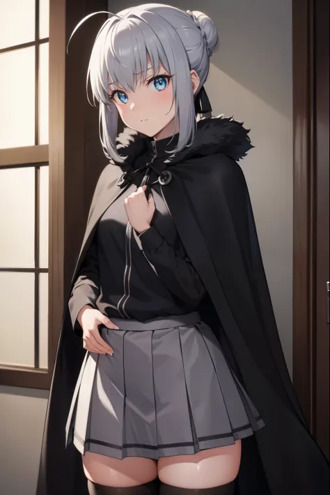 fgogray, gray, blue eyes, short hair, grey hair, ahoge, 
BREAK hair bun, hair ribbon, ribbon, black cape, black footwear, black ribbon, black shirt, black thighhighs, cape, grey skirt, hood, long sleeves, miniskirt, plaid, plaid skirt, pleated skirt, ribbo...