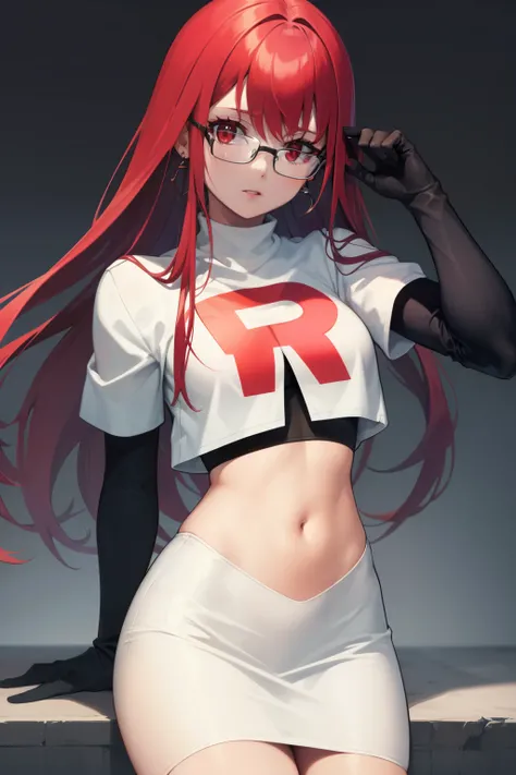 Yoshizawa Sumire, red hair ,long hair, glasses, straight hair, red eyes ,glossy lips, light makeup, eye shadow, earrings ,team rocket,team rocket uniform, red letter R, white skirt,white crop top,black thigh-high boots, black elbow gloves,