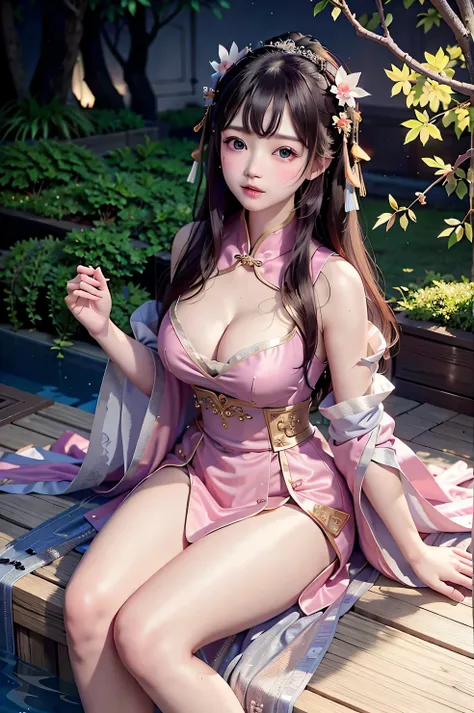 a princess 10 yeald old cute Hanfu dynasty open V-chested clothes royal, Wet body of thin silk fabric, Thin silk lace dress, (huge boobs，cleavage),, white pink