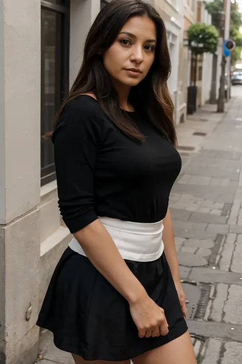 43-year-old woman, Latina, dressed in a black knee-length skirt, for social networks