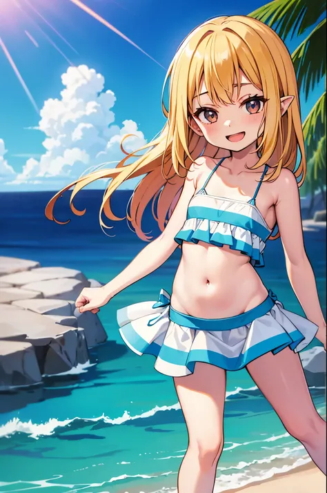 small striped bikini, loli, exterior, open mouth, Smiling, day light, short, Small, pointed ears, blond long hair, requires attention