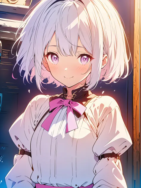 1 girl, Alone,natta,Hands in your pockets,black fedora hat,white  shirt,white pantie,black leather belt),(((White hair with pink highlights,short detailed hair,Half bangs,Wearing a purple bow on the head))),Perfect big watery eyes, character  design,((Pupi...