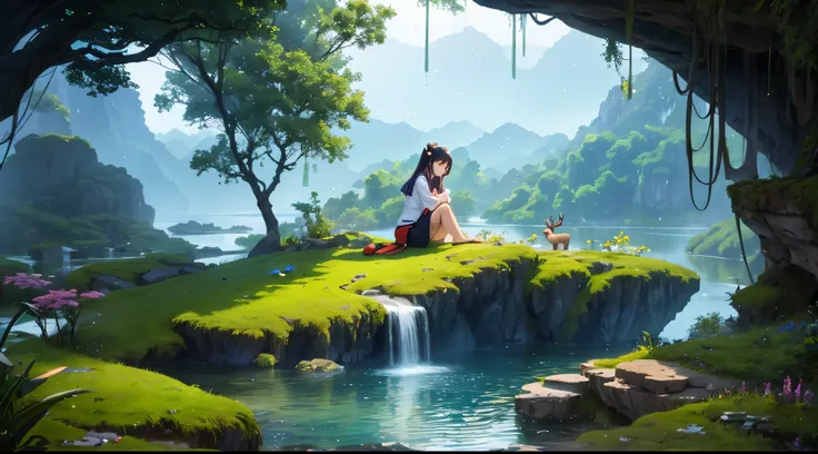 Girl sit on top of hill sad and alone under rain at night, Chinese ancient times, spring, jungle, lake, cave, waterfall, tree, meadow, rock, deer, hot spring, water vapor, (illustration: 1.0), epic composition, realistic lighting, HD details, masterpiece, ...