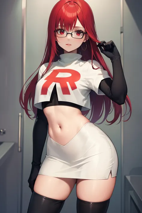 yoshizawa sumire, red hair ,long hair, glasses, straight hair, red eyes ,glossy lips, light makeup, eye shadow, earrings ,team r...