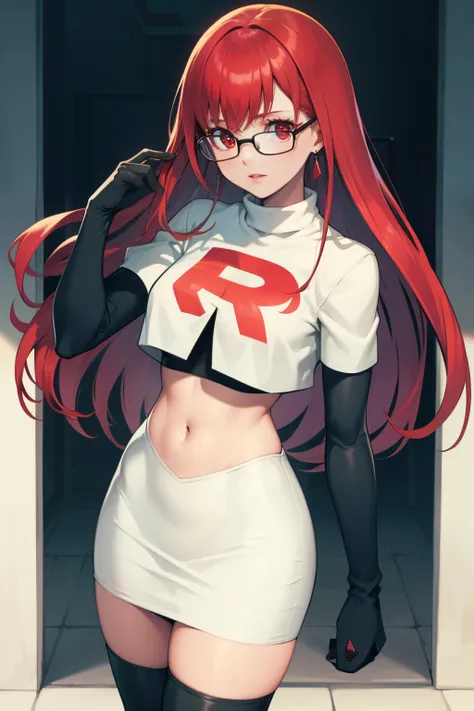 yoshizawa sumire, red hair ,long hair, glasses, straight hair, red eyes ,glossy lips, light makeup, eye shadow, earrings ,team r...