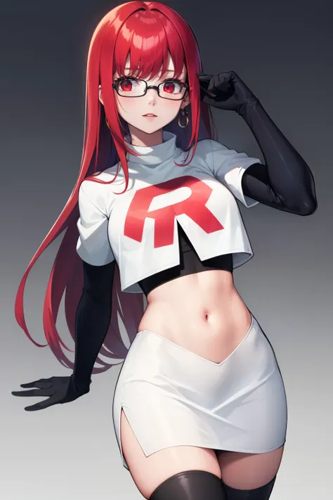 yoshizawa sumire, red hair ,long hair, glasses, straight hair, red eyes ,glossy lips, light makeup, eye shadow, earrings ,team r...