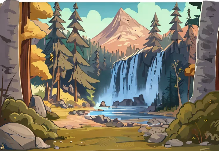 illustration of a natural landscape, estilo gravity falls, Cachoeira: Uma cachoeira flui graciosamente de um penhasco rochoso, criando um lago azul cristalino abaixo. The water shines in the sunlight and reflects the colors of the sky and trees. The waterf...